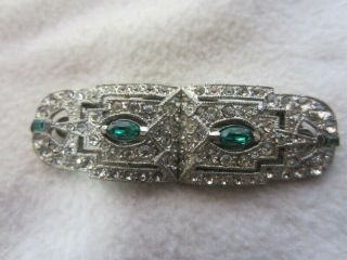 Vintage Silver Tone Art Deco Emerald Green Rhinestone Duette Brooch By Coro