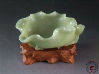 Fine Old Chinese Celadon Nephrite Jade Brush Washer Wrap - Up Lotus Leaf W/ Stand