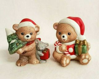 Homco Christmas Bear Figurines Candy Cane Mouse Tree Porcelain 2.  25 " Set Of 2