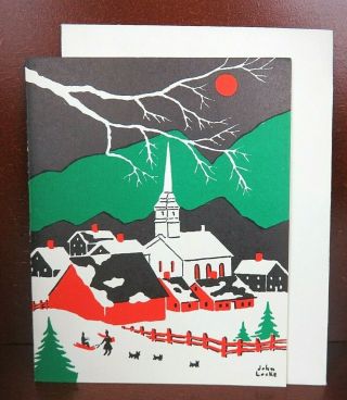 John Locke Mid Century Christmas Card W/ Envelope,  Church Scene 55
