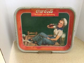 Vintage 1940 Coca - Cola Serving Tray With Sailor Girl Fishing - Pin - Up Art