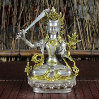 Chinese Antique Tibet Silver Gilt Carved Figure Of Manjushri Buddha Statue