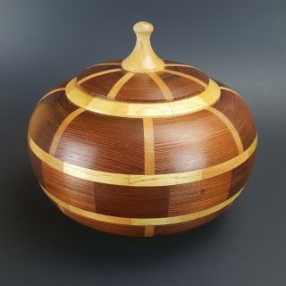 Hand Turned Staved Wood Bowl With Lid,  Artist Signed,  Segmented Cedar/maple