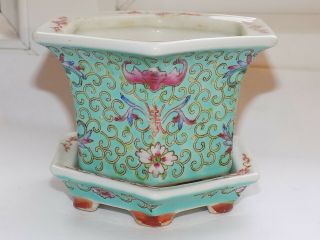 Antique Chinese Blue Glaze Porcelain Small Hexagonal Plant Pot & Under Dish (1)