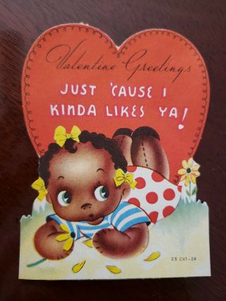 Vtg Valentine Greeting Card Diecut Black Americana Cute Girl Rag Doll Hair Bows