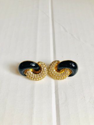 Christian Dior Black Enamel Crystal Pave Interlocking Swirl Clip On Earrings