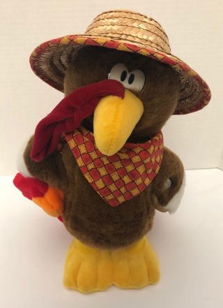 Dandee Turkey Singing Hopping 13 " Plush Turkey In The Straw Hat Thanksgiving