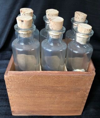 Boxed Set Of 6 Vintage Apothecary Jars In Wood Box Cork Top Bottles