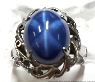 Vintage 18k White Gold Syn Blue Star Sapphire Lady Filigree Ring Size 5 Jewelry