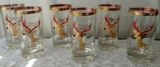 Vintage Rudolph Red Nose Reindeer Culver Christmas Gold Encrusted Glasses Set 6