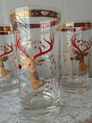 vintage Rudolph Red Nose Reindeer Culver Christmas gold encrusted glasses set 6 2