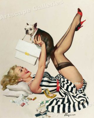 Gil Elvgren Blonde Sexy Pinup Girl " Lucky Dog " Pug Poster - 20x24