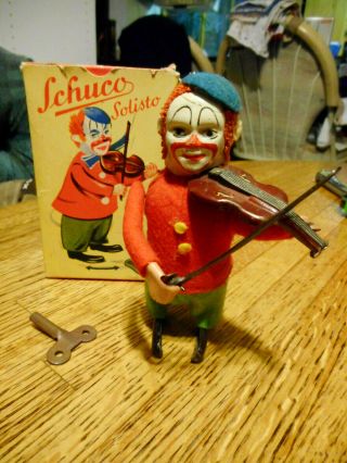Schuco Clown Playing Violin Tin Wind Up Toy W Box Us Zone Germany