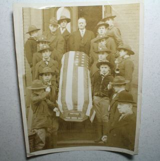 Early Photo 8 Boy Scout Pallbearers with Flag - Draped Casket Coffin 2