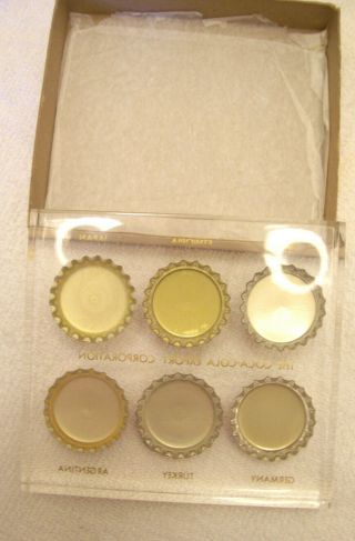 vintage COCA COLA BOTTLE caps ENCASED IN CLEAR ACRYLIC six countries 2