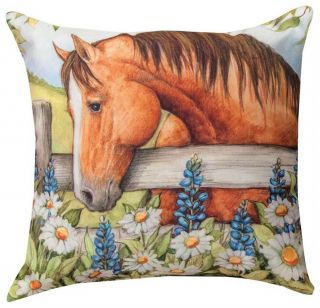Horse In The Garden With Bluebonnets Indoor Outdoor Pillow - 18 " Square