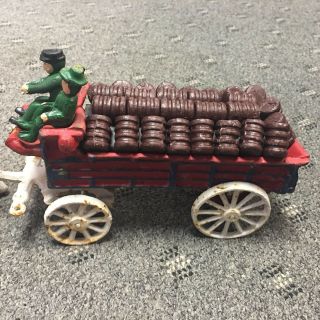 Cast Iron Budweiser Type Beer Wagon W/Clydesdale Horses 28 Beer Kegs Drivers Dog 2