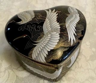 Vintage Black Metal /ceramic Heart Shaped Music Box Gold Trim Cranes Design