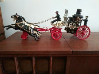 Vintage Utexiqual 21 " Cast Iron 3 Horse Drawn Fire Men Pump Wagon Attic Fresh