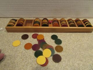 Wooden Tray With 200 Bakelite Chips - Each Approx 1 "