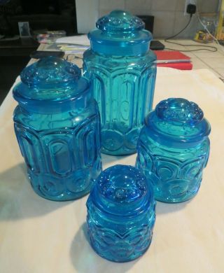 Vintage Le Smith Moon And Stars Blue Glass 4 Piece Canister Set