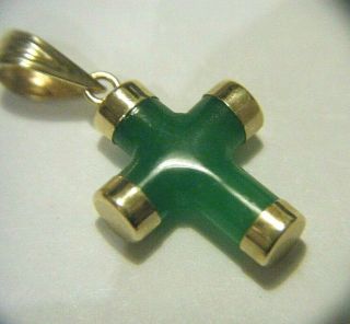 Fine Small Vintage 1980s 14k Yellow Gold And Green Jade Cross Pendant.  1.  6g
