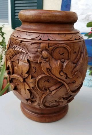 Antique Chinese Large Heavy Hand Carved Wood Dragon/koi Vase 10.  5 Inches Tall