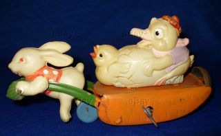 Occupied Japan Celluloid Tin Wind - Up Toy Easter Chick Duck Rabbit Carrot Cart