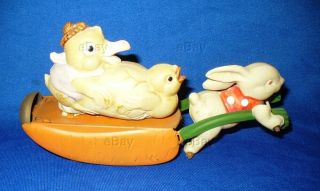 OCCUPIED JAPAN CELLULOID TIN WIND - UP TOY EASTER CHICK DUCK RABBIT CARROT CART 2