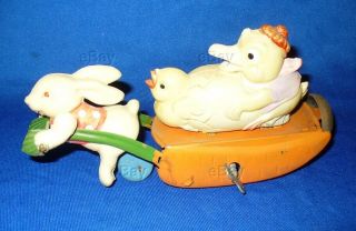 OCCUPIED JAPAN CELLULOID TIN WIND - UP TOY EASTER CHICK DUCK RABBIT CARROT CART 3