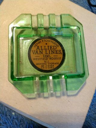Vintage Green Depression Glass Advertising Ashtray - Allied Van Lines - Roselle N.  J.