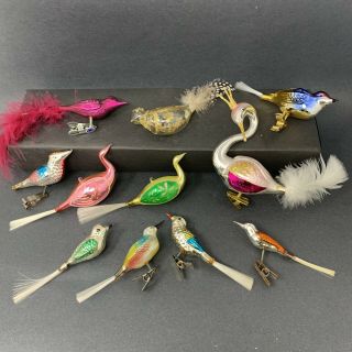 10 Vintage Bird Christmas Ornaments Clip On And Hanging Feather Tree Ornament