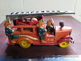 Vintage Sss Tin Friction Toy Made In Japan Tin Toy Fire Engine Truck Tin Toy Lit