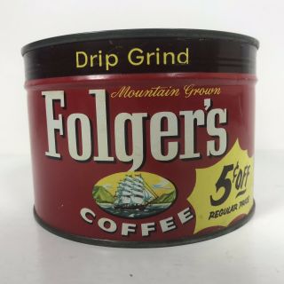 Vintage Tin Folgers Coffee Can 1959 1 Lb With Key Keywind Red