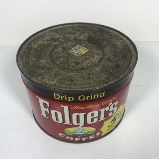 Vintage Tin Folgers Coffee Can 1959 1 lb With Key Keywind Red 2