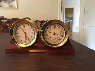 Vtg Boston Chelsea Brass Desk Quartz Clock & Barometer W/ Wood Cradle.