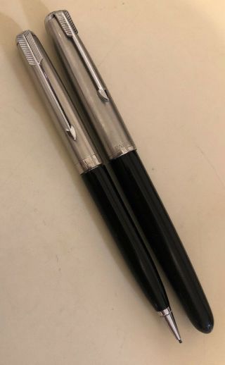 1949 Parker 51 AEROMETRIC DEMI Fountain Pen Set Black Lustraloy Steel Chrome B 3
