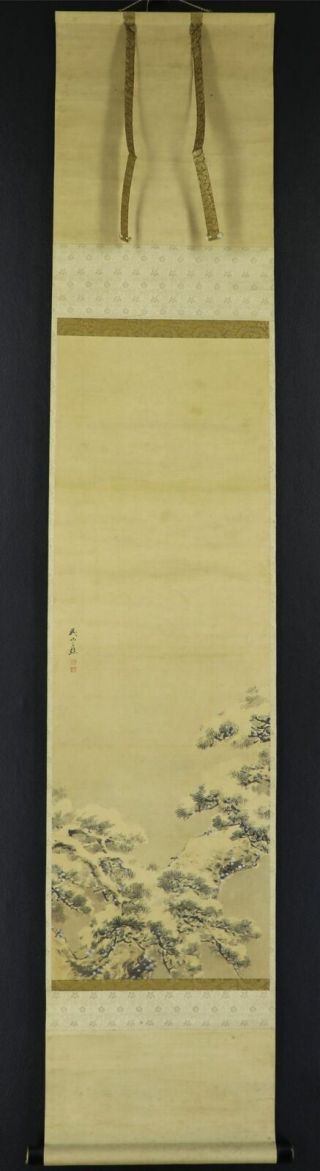 Japanese Hanging Scroll Art Painting " Snowy Pinetree " Asian Antique E9305