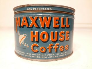 Maxwell House Vintage Coffee 1 Lb.  Tin Can Exc.  Colors Graphics Old Display