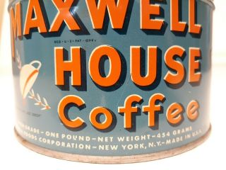 MAXWELL HOUSE VINTAGE COFFEE 1 lb.  TIN CAN Exc.  colors graphics old display 2