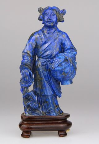 Antique Chinese Carved Lapis Lazuli Figure Lady Wood Stand 19th C