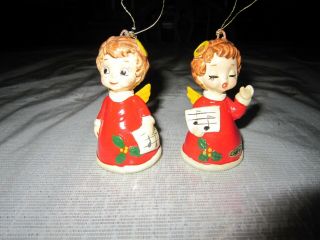 2 Vtg Josef Originals Christmas Caroling 3 " Angel Ornaments With Labels - Japan