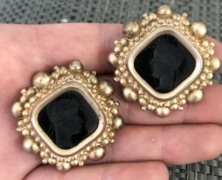 Vintage Signed Stephen Dweck Sterling Silver Onyx Intaglio Clip On Earrings