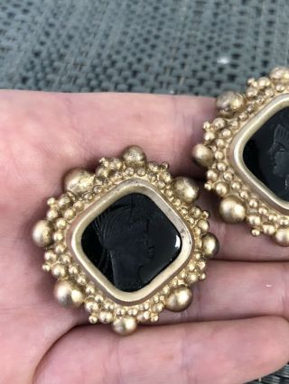 Vintage Signed Stephen Dweck Sterling Silver Onyx Intaglio Clip On Earrings 3