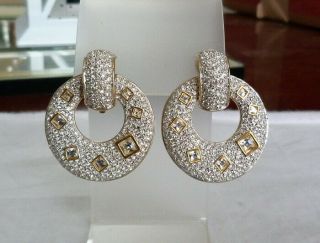Estate Signed Swarovski Pave Set Crystal Rhinestone Doonknocker Clip Earrings