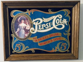 Vintage Drink Pepsi Cola “a Nickel Drink Worth A Dime” Framed Mirror Pub Sign