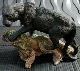 Living Stone Black Panther On A Rooted Tree Stump Very Detailed Resin Art Piece