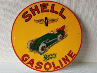 Vintage Shell Green Streak Gasoline W/ Car 11 3/4 " Porcelain Metal Gas Oil Sign