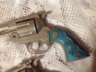 Pair Turquoise Vintage Toy Cap Gun Hubley Texan 38 pistols 3