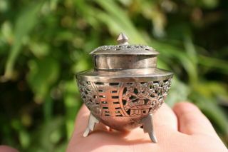 Early 20th Century Antique Chinese Silver Carving Small Holder With Lid